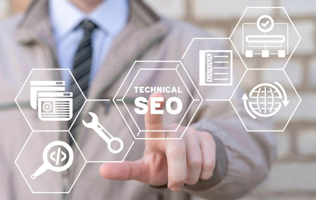 Man pressing technical SEO icon | On-page SEO vs. technical SEO