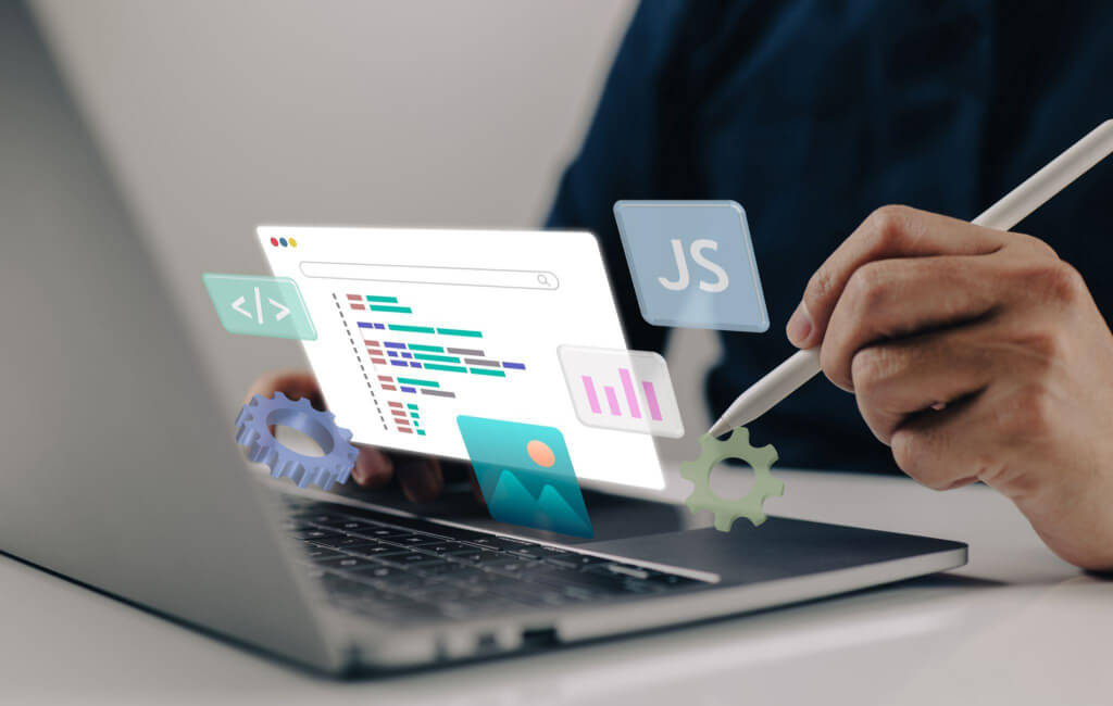 Laptop with technical SEO icons floating | On-page SEO vs. technical SEO