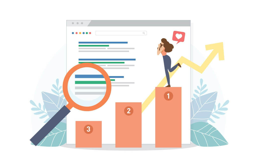 Cartoon woman stands on SERP chart | On-page SEO vs. technical SEO