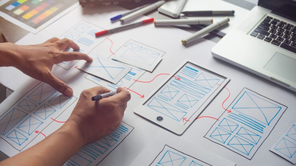 SaaS product development flow chart depicts drawings of smartphones | Scale Effects for Product Defensibility